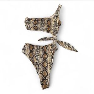 Snake Print One-Shoulder Bodysuit - Brown/Tan/Black